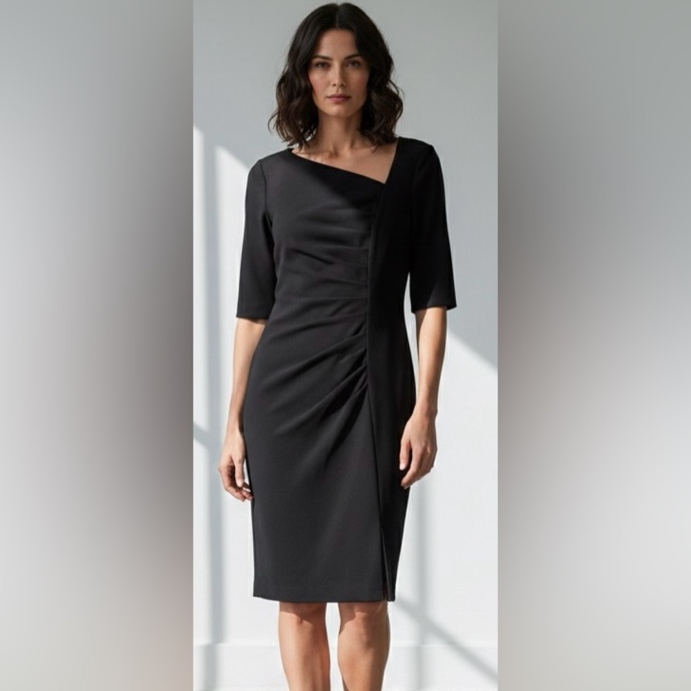 NWOT Calvin Klein black shortsleeved midi dress, asymmetrical V-neck, size 10